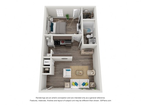 a stylized floor plan with a bedroom and a living room